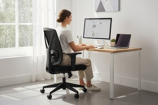 woman working at her desk sitting in an ergonomic chair