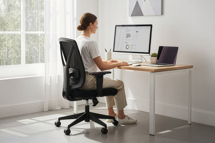 woman working at her desk sitting in an ergonomic chair
