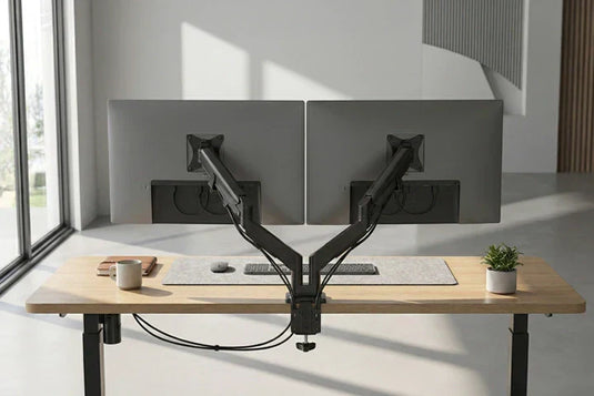 Dual monitor arms mounted on an adjustable sit stand desk with two screens in a modern workspace