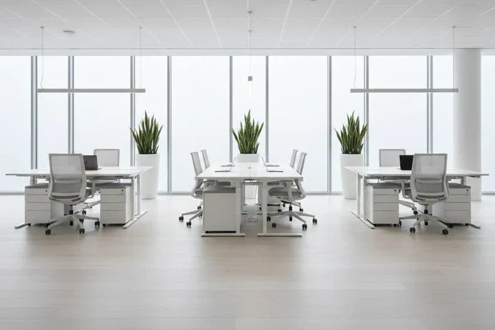 Modern office fitout featuring a sleek workspace layout with ergonomic desks and chairs.