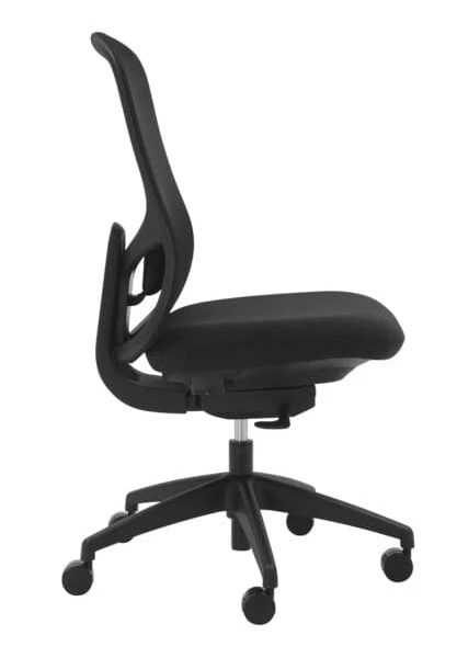 Load image into Gallery viewer, A black ergonomic office chair with a mesh backrest, padded seat, and five-wheel base, shown from a side angle on a plain white background.
