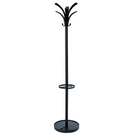 Black coat rack with multiple hooks on a white background