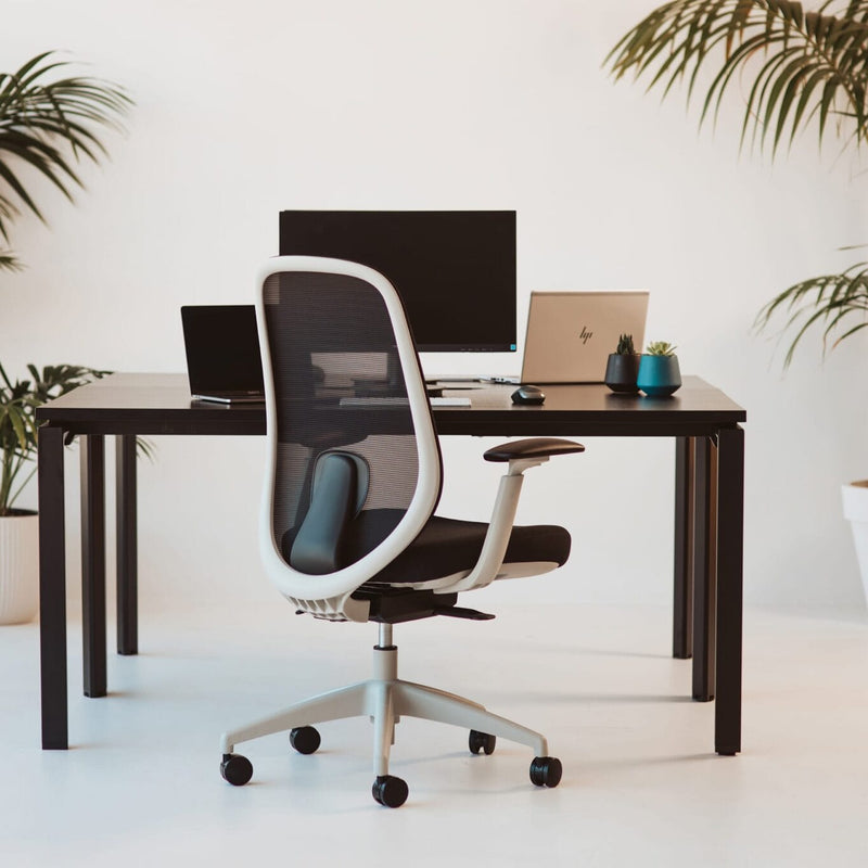 Load image into Gallery viewer, Modern office setup with a desk, chair, and computer equipment in a bright room with plants.
