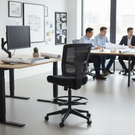 Modern office setting with people working at a desk.