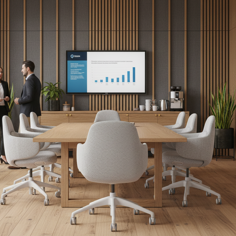 Load image into Gallery viewer, Modern conference room with people discussing in front of a large screen displaying graphs.
