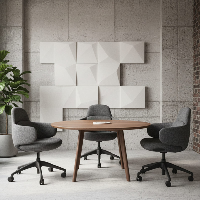 Load image into Gallery viewer, Modern office setting with a round wooden table and four gray chairs against a brick wall.
