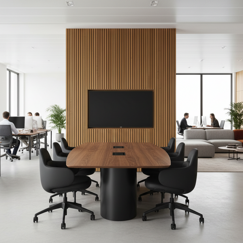 Load image into Gallery viewer, Modern office interior with a conference table and chairs, large screen TV, and people working.
