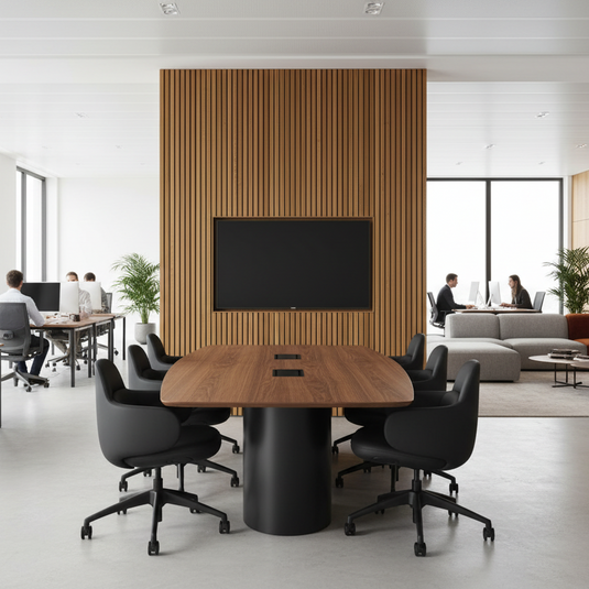 Modern office interior with a conference table and chairs, large screen TV, and people working.
