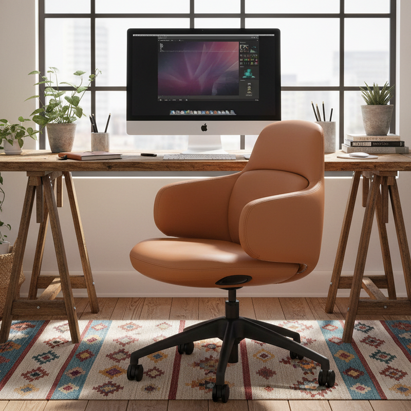 Load image into Gallery viewer, Modern home office with wooden desk, computer monitor, and orange chair.

