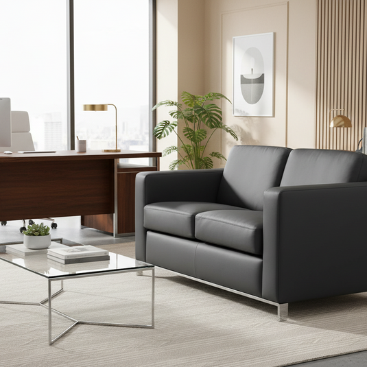 Modern office setup with a desk, sofa, and coffee table in a bright room.