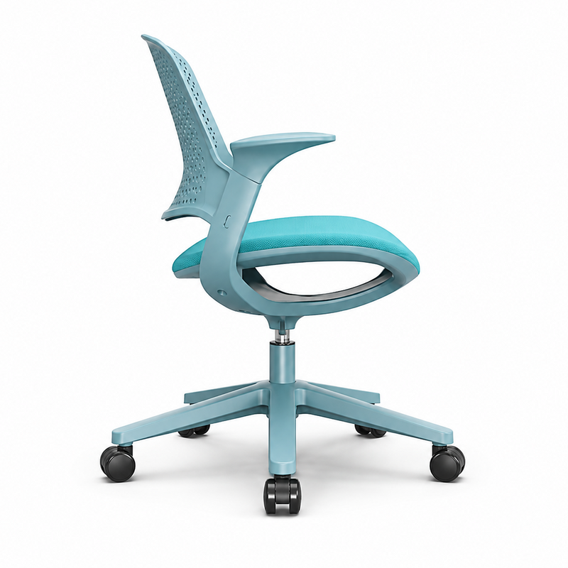 Load image into Gallery viewer, A light blue ergonomic office chair with a mesh backrest, curved armrests, and a five-star wheeled base, shown from a three-quarters angle on a white background.
