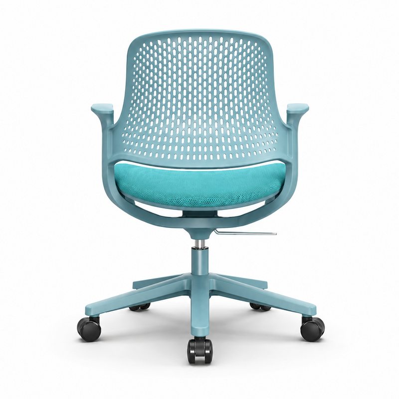 Load image into Gallery viewer, A modern office chair with a light blue perforated mesh backrest, a matching curved frame, a turquoise cushioned seat, and a five-star black wheeled base, shown on a plain white background.

