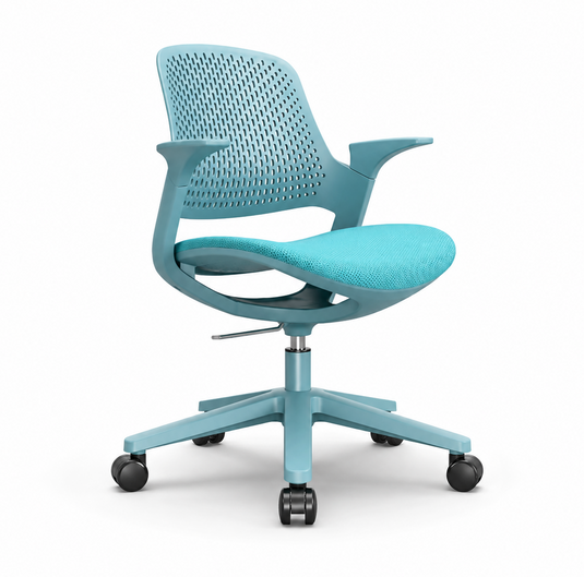 A modern office chair in a light teal blue color, featuring a perforated mesh backrest, a padded seat, and a five-star wheeled base, shown against a plain white background.