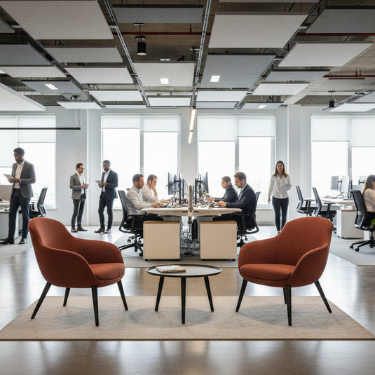 Modern office space with people working and interacting.
