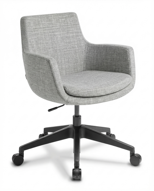 Gray meeting chair with a black swivel base on a white background