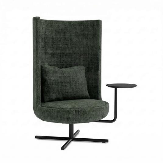 Green armchair with a side table on a white background