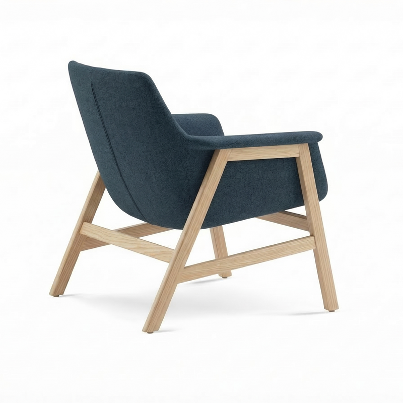 Load image into Gallery viewer, Blue armchair with wooden frame on a white background
