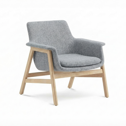 Gray upholstered armchair with wooden legs on a white background