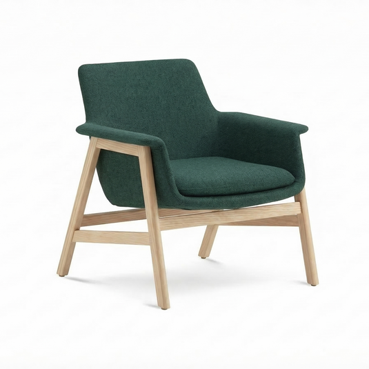 Blue armchair with wooden legs on a white background