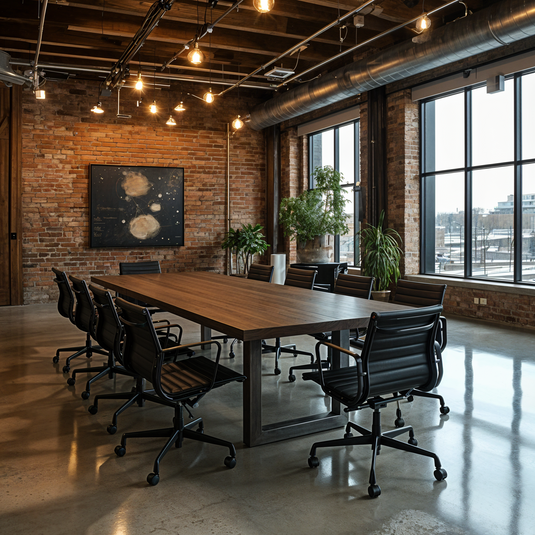 Modern conference room with wooden table and black chairs in a brick-walled room with large windows.