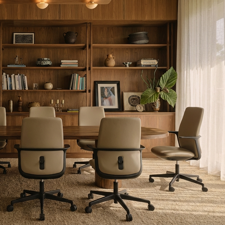 Load image into Gallery viewer, Modern office conference room with wooden walls, bookshelves, and beige chairs.
