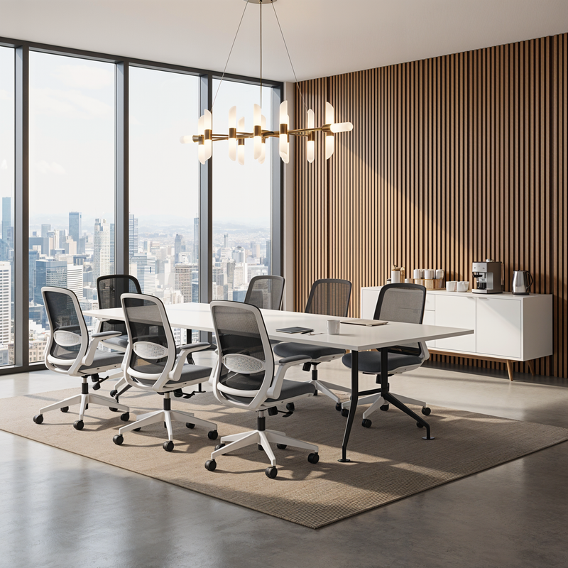 Load image into Gallery viewer, Modern conference room with large windows, chairs, and a table.
