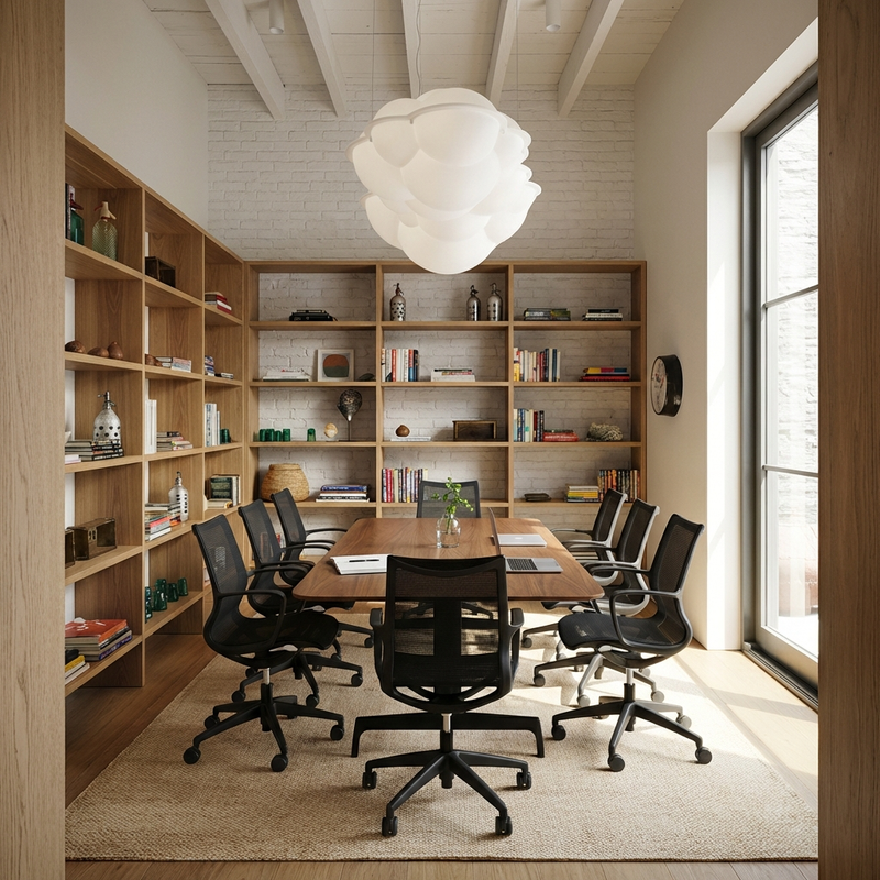 Load image into Gallery viewer, Modern office conference room with bookshelves, table, and chairs.
