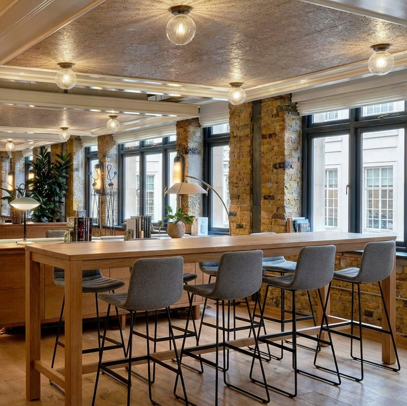 Load image into Gallery viewer, Modern office interior with wooden tables, chairs, and large windows.
