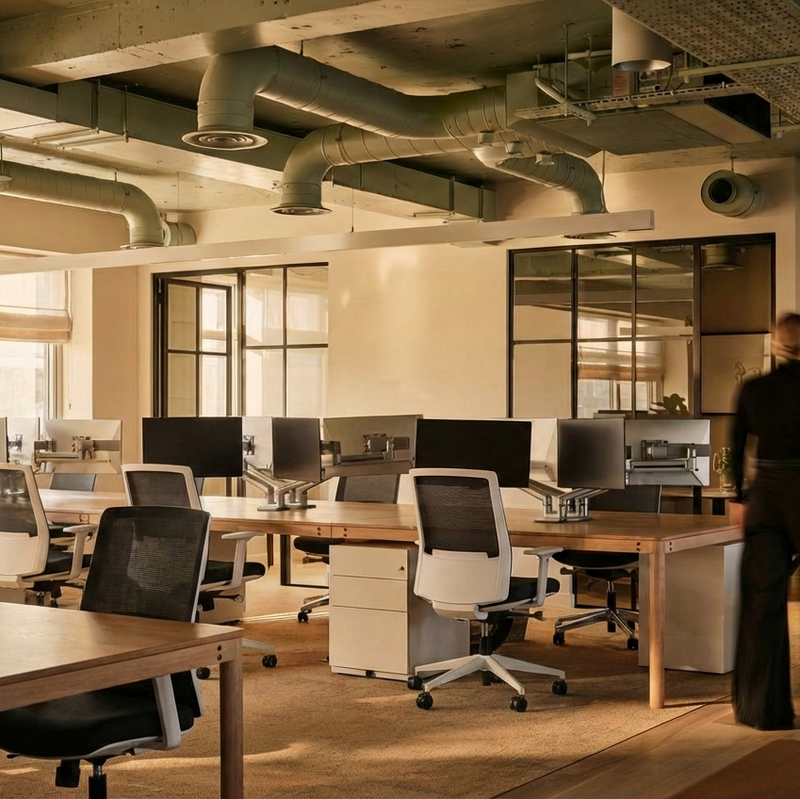 Load image into Gallery viewer, Modern office space with desks, chairs, and a person walking through the area.
