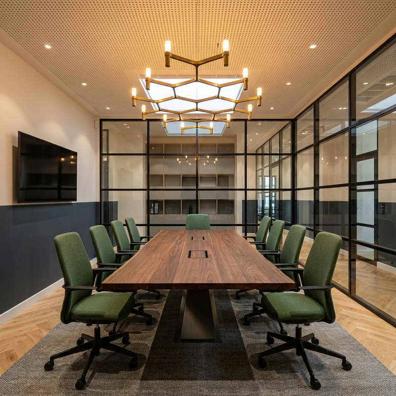 Load image into Gallery viewer, Modern conference room with wooden table and green chairs.

