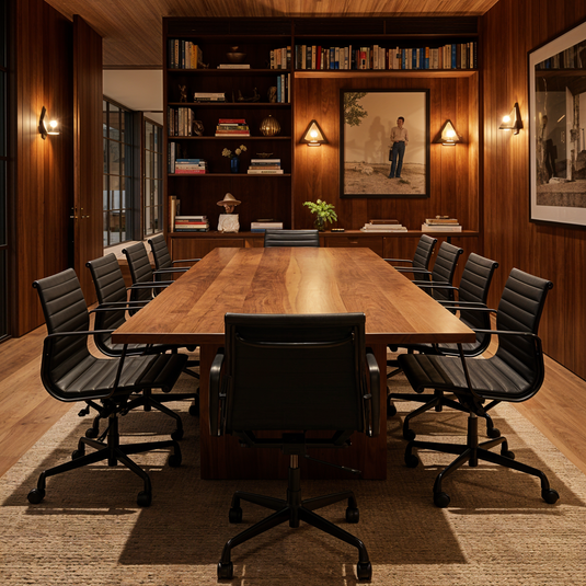 Modern conference room with wooden table and chairs, bookshelf, and framed picture.