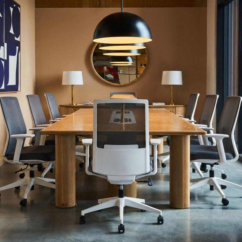 Load image into Gallery viewer, Modern conference room with wooden table and chairs, large window, and abstract art on the wall.
