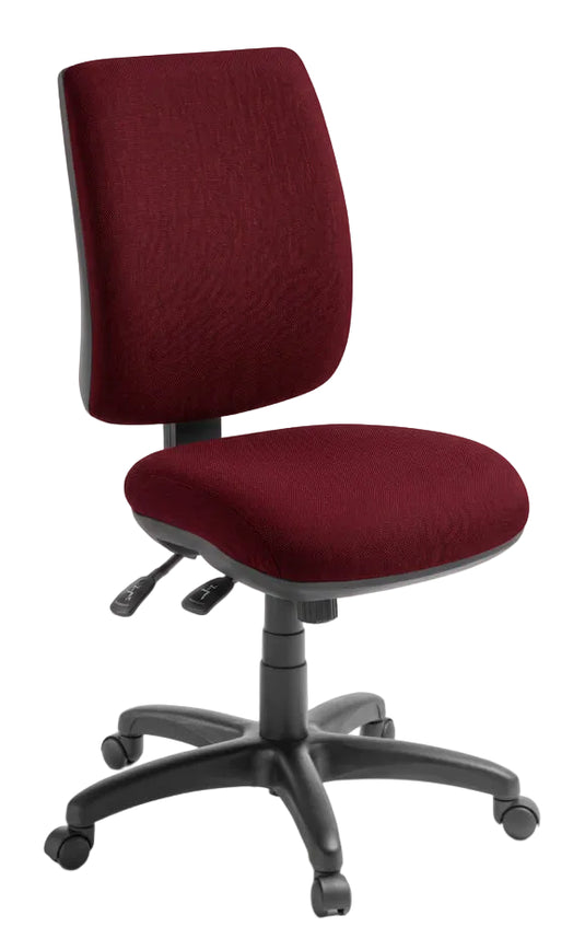 A burgundy upholstered office chair with a black five-star wheeled base, shown against a light gray background.