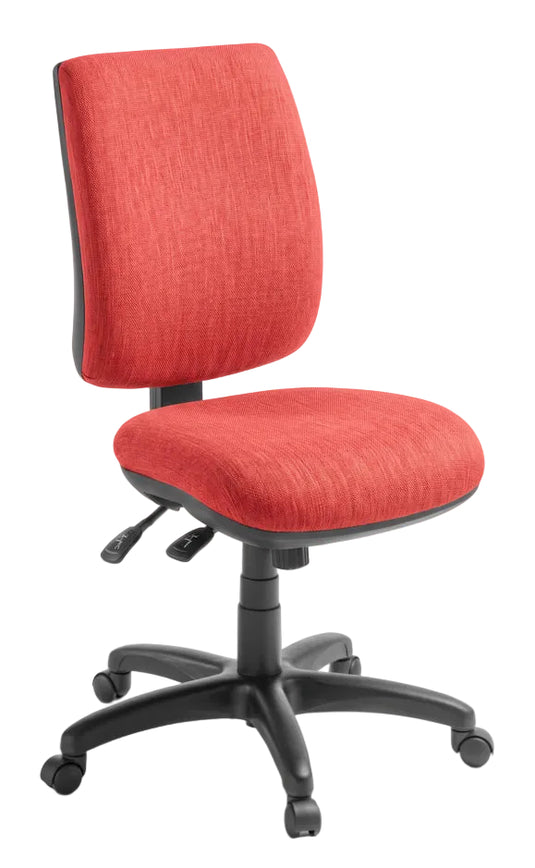 A modern office task chair with a textured red-orange fabric upholstered seat and backrest, supported by a black five-star wheeled base.