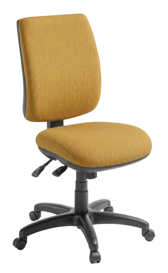 A modern office desk chair with a mustard yellow textured fabric upholstered seat and backrest, supported by a black five-star wheeled base.