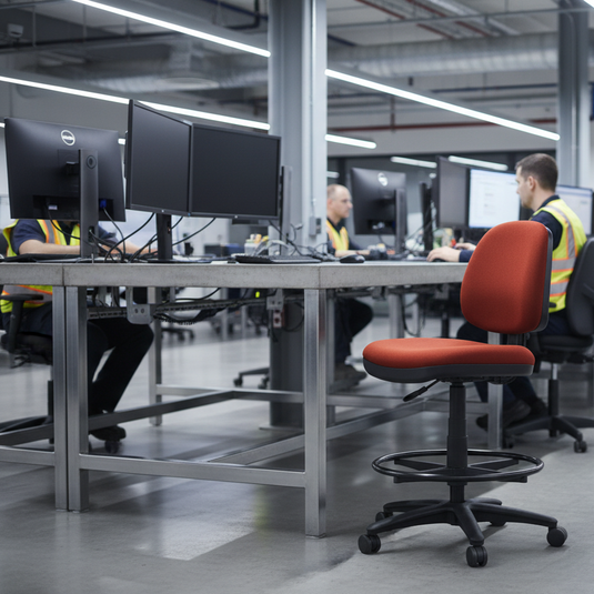 Employees in a modern office setting with computers and chairs.