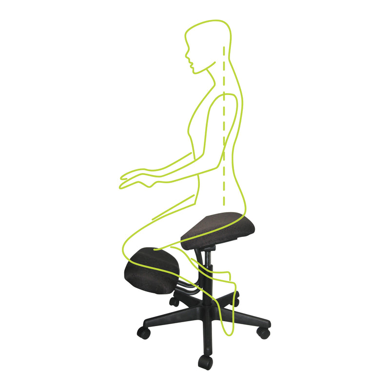 Load image into Gallery viewer, Diagram showing correct posture on a kneeling office chair with a yellow outline of a person.
