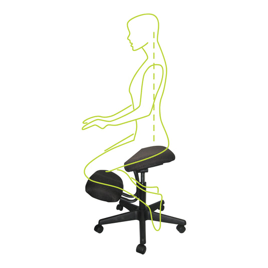 Diagram showing correct posture on a kneeling office chair with a yellow outline of a person.