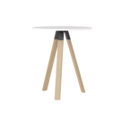 Round table with a white top and wooden legs on a white background