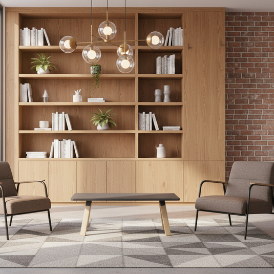 Modern interior with wooden bookshelf, chairs, and a bench.