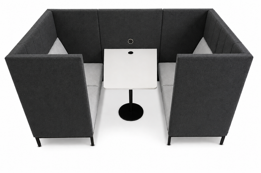A modern booth-style cafe seating unit with dark gray upholstered sides and back, light gray seat cushions, and a small white table in the center on a black stand, shown on a white background.