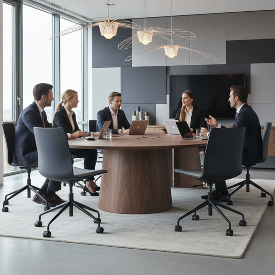 Group of people in a modern office setting around a conference table.