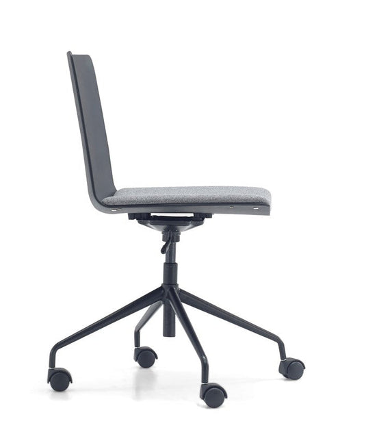 Gray office chair with black wheels on a white background