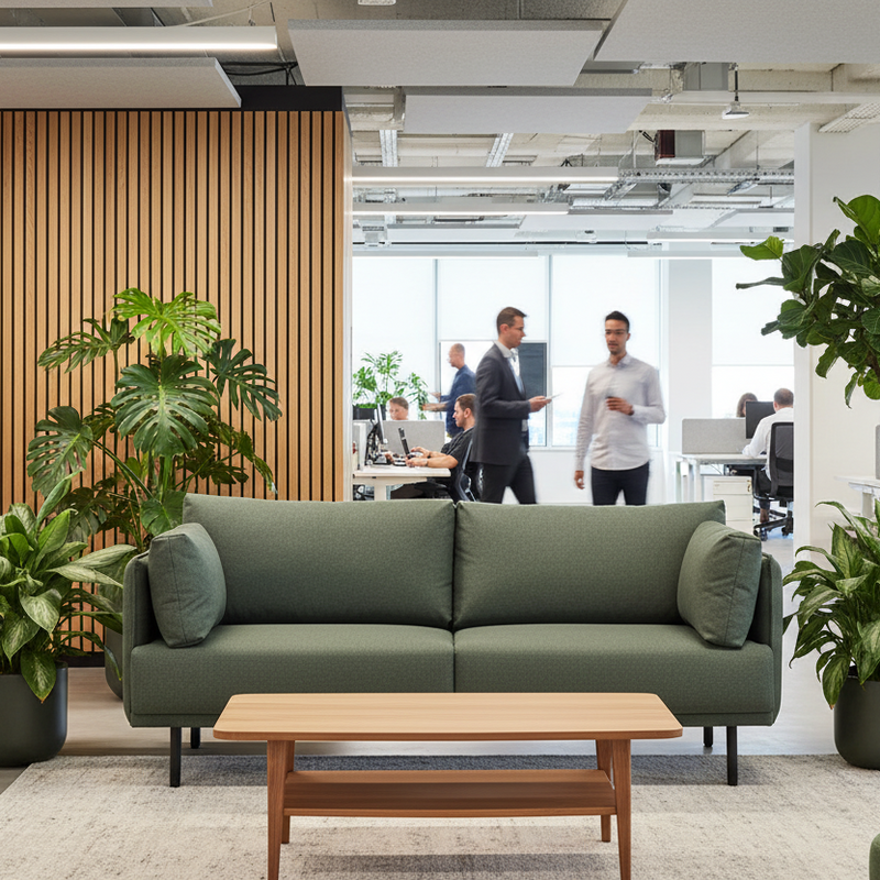 Load image into Gallery viewer, Modern office space with a green sofa, wooden coffee table, and potted plants.
