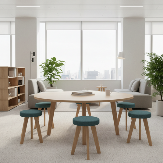 Modern office space with round table and stools in a bright room with large windows.