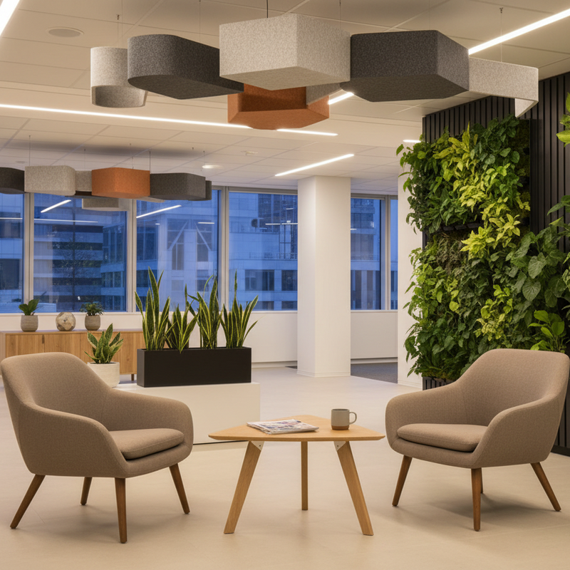 Load image into Gallery viewer, Modern office interior with two chairs, a table, and a living wall.
