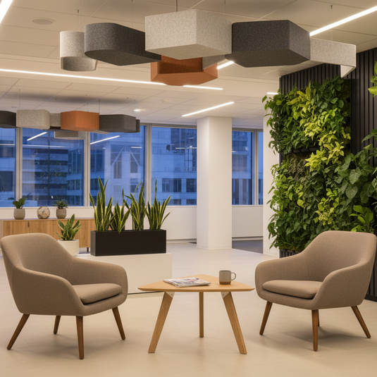 Modern office interior with two chairs, a table, and a living wall.