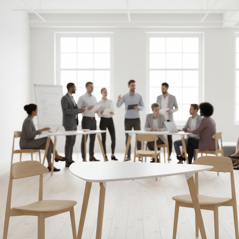 Load image into Gallery viewer, Group of people in a modern office setting around a white table.
