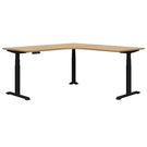 L-shaped desk with wooden top and black metal legs on a white background