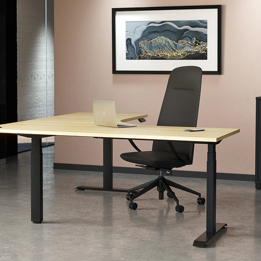 Modern office setup with a desk, chair, and framed artwork on the wall.